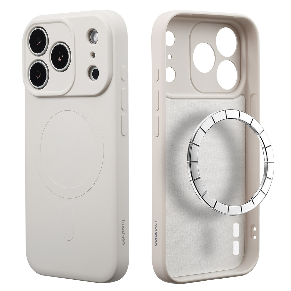 Deux coques de téléphone beige clair. L'une montre l'extérieur avec des découpes pour l'appareil photo. L'autre montre l'intérieur avec un anneau magnétique.