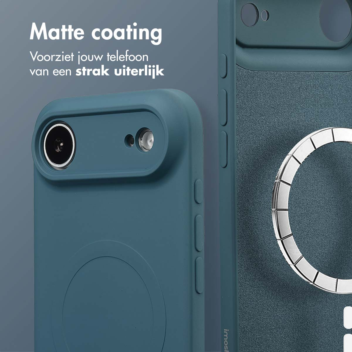 Close-up van een teal telefoonhoesje met matte coating. Tekst zegt 'Matte coating'. De cameralens is zichtbaar. Een zilveren ringdetail zit aan de zijkant.
