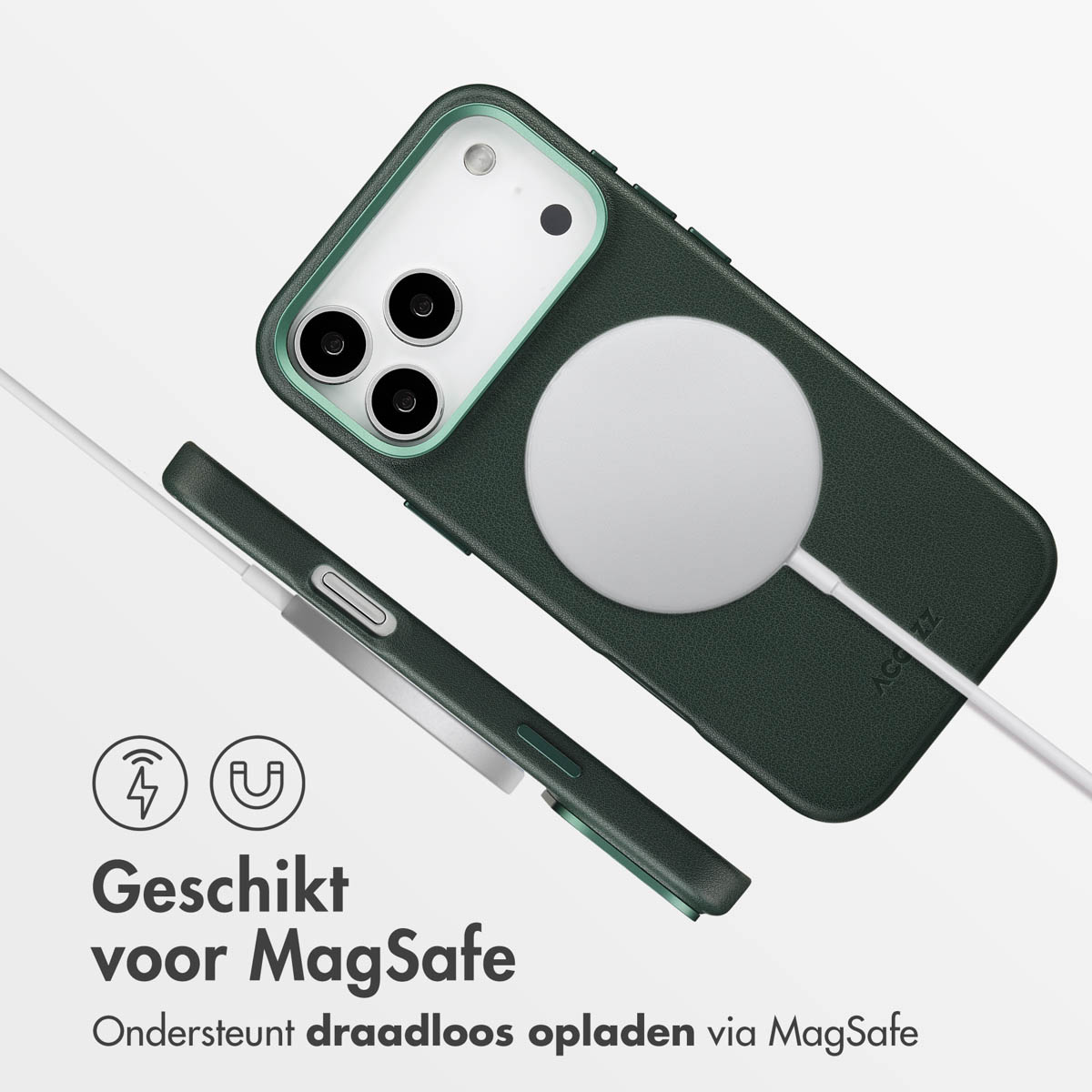 Coque de téléphone verte avec chargeur MagSafe blanc et téléphone. Texte : Compatible MagSafe, Prend en charge la charge sans fil via MagSafe.