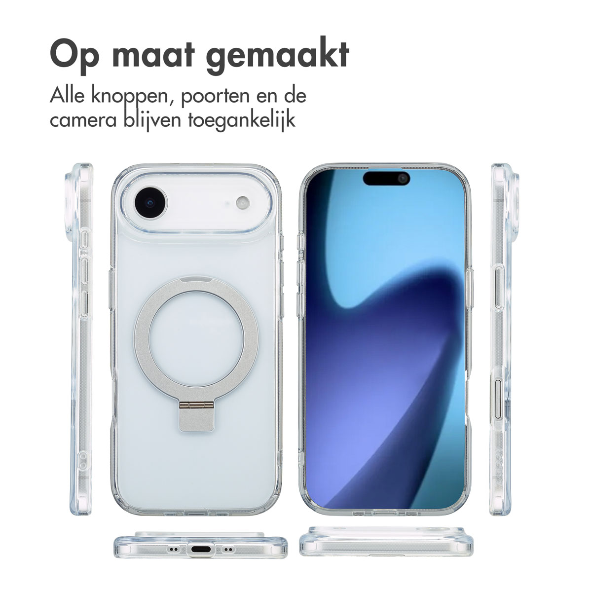Transparante telefoonhoesjes. Eén heeft een magnetische ring. Tekst: Op maat gemaakt. Alle knoppen, poorten en camera toegankelijk.