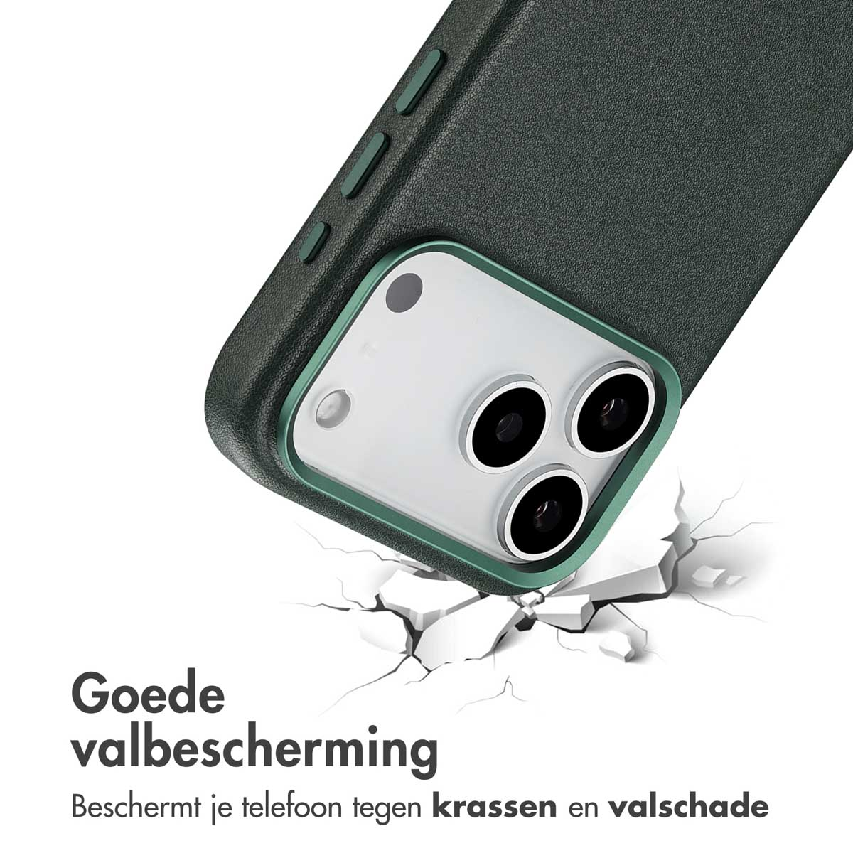 Une coque de téléphone vert foncé, avec trois objectifs. Elle tombe, avec des fissures en dessous et du texte sur la protection contre les chutes.