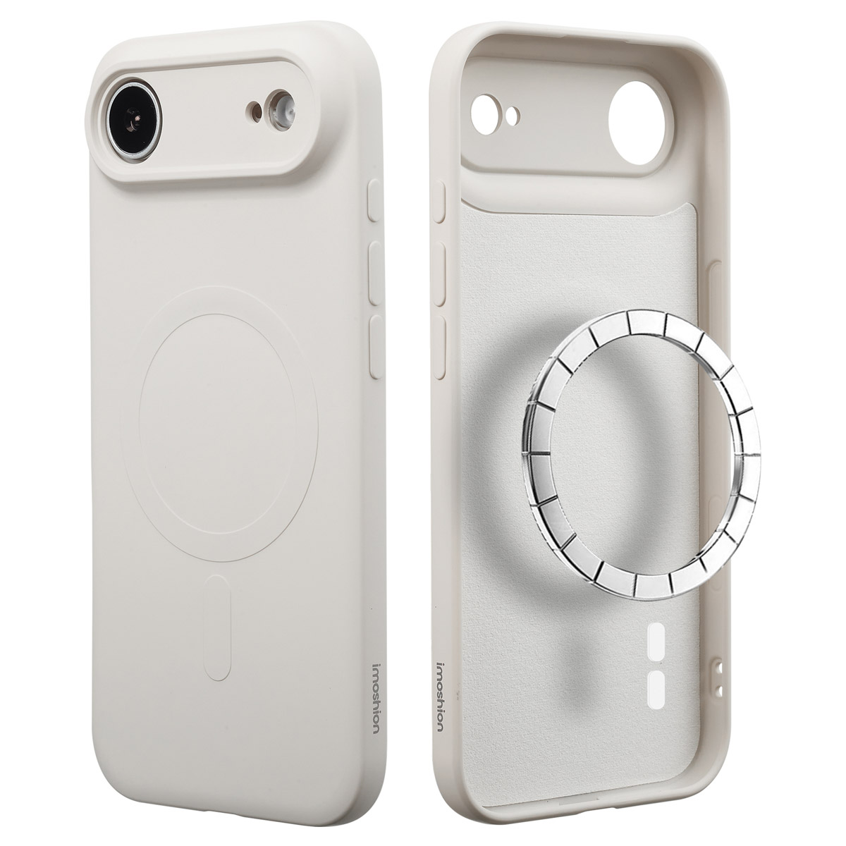 Deux coques de téléphone beiges, une avec une découpe pour l'appareil photo et l'autre avec un anneau magnétique. Les deux portent la marque 'imoshion'.