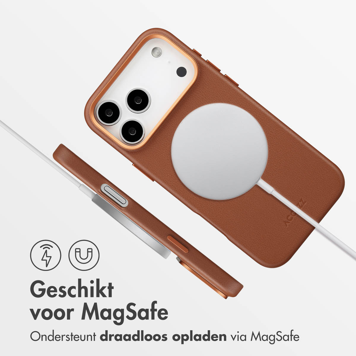Coque de téléphone marron avec chargeur MagSafe blanc. Le texte indique la compatibilité et la recharge sans fil.