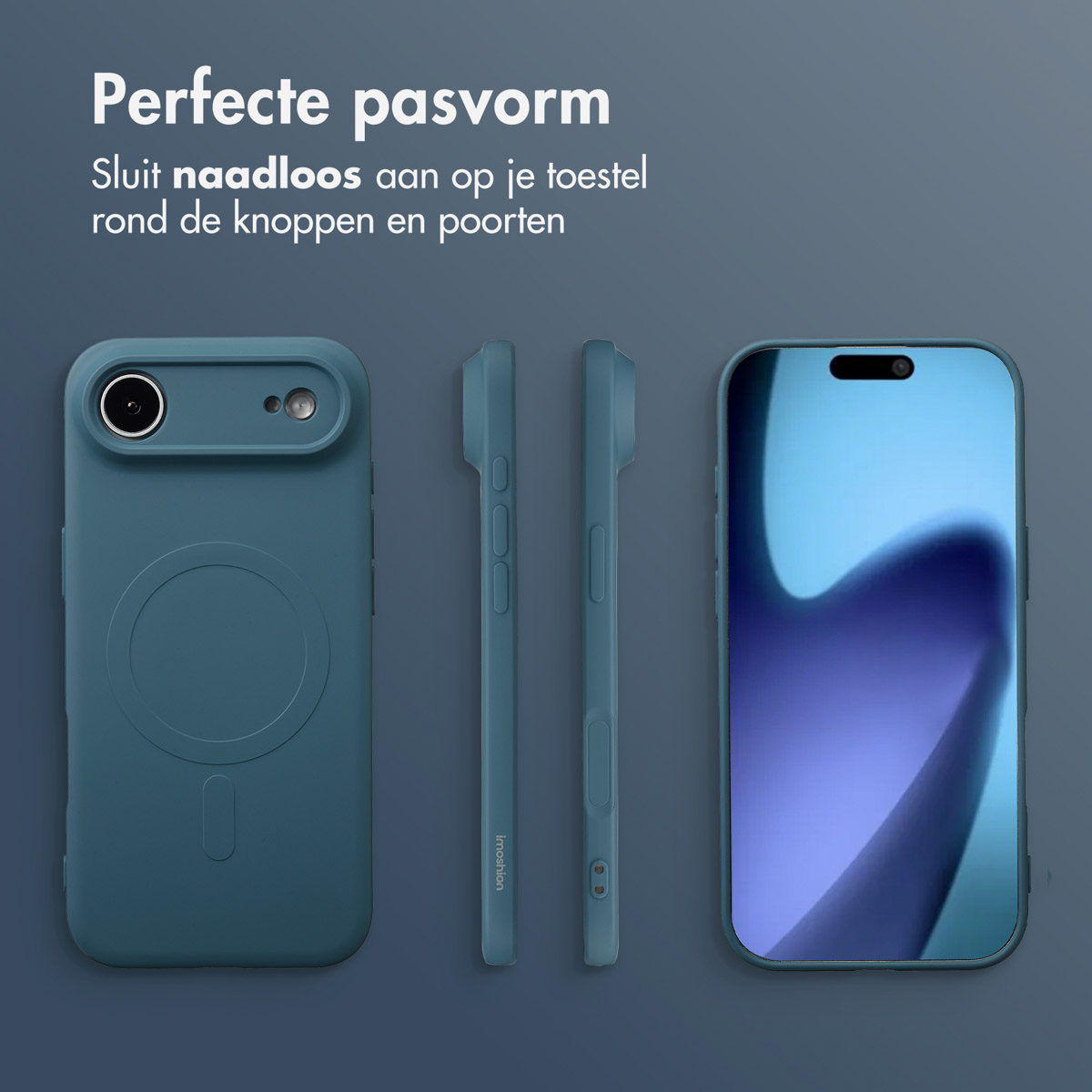 Een telefoonhoesje, zijaanzicht en telefoonscherm worden weergegeven tegen een donkerblauwe achtergrond, die een naadloze pasvorm adverteert.