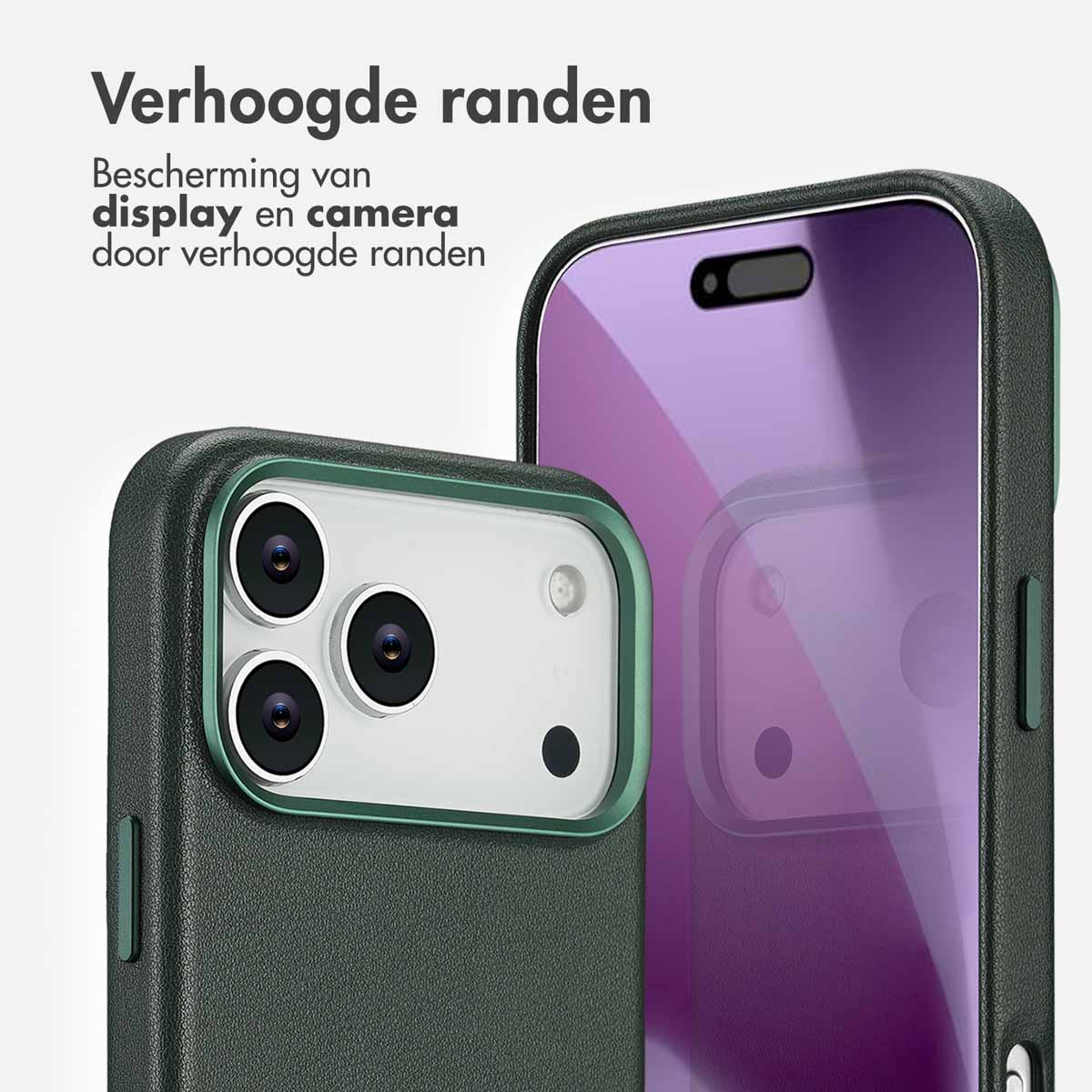 Deux coques de téléphone sont présentées. Une avec un dos blanc et trois caméras, et une autre avec un écran violet, les deux avec des bords relevés.