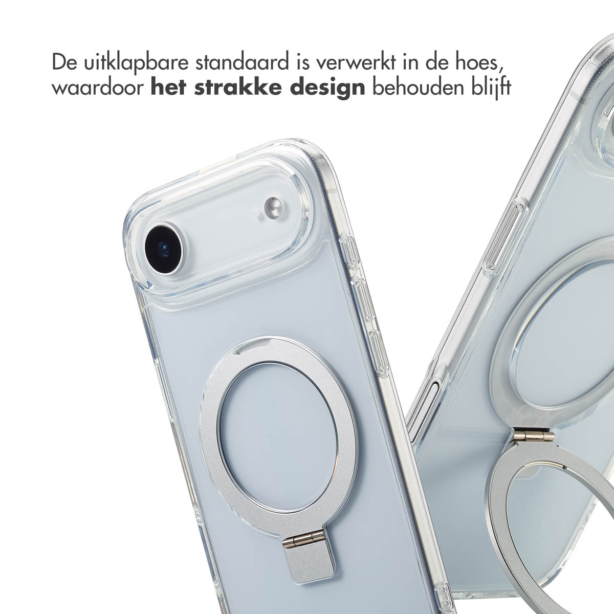 Twee transparante telefoonhoesjes met zilveren ringstandaards. Eén scherp, de andere vaag op de achtergrond.