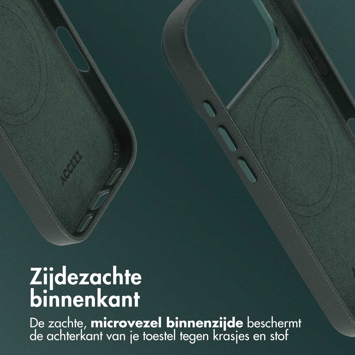 Deux coques de téléphone vert foncé sont présentées. L'intérieur de la coque est en microfibre douce.