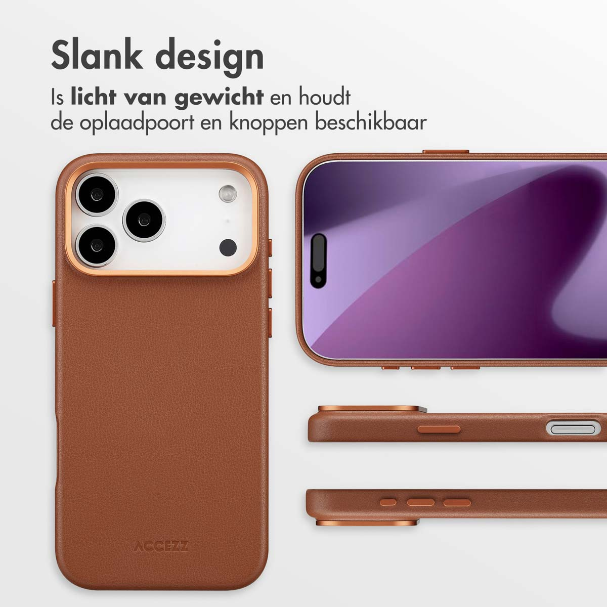 Coque de téléphone marron avec des accents dorés. Montre le téléphone avec un écran violet. Des parties supplémentaires du boîtier sont affichées. Texte : Design fin.