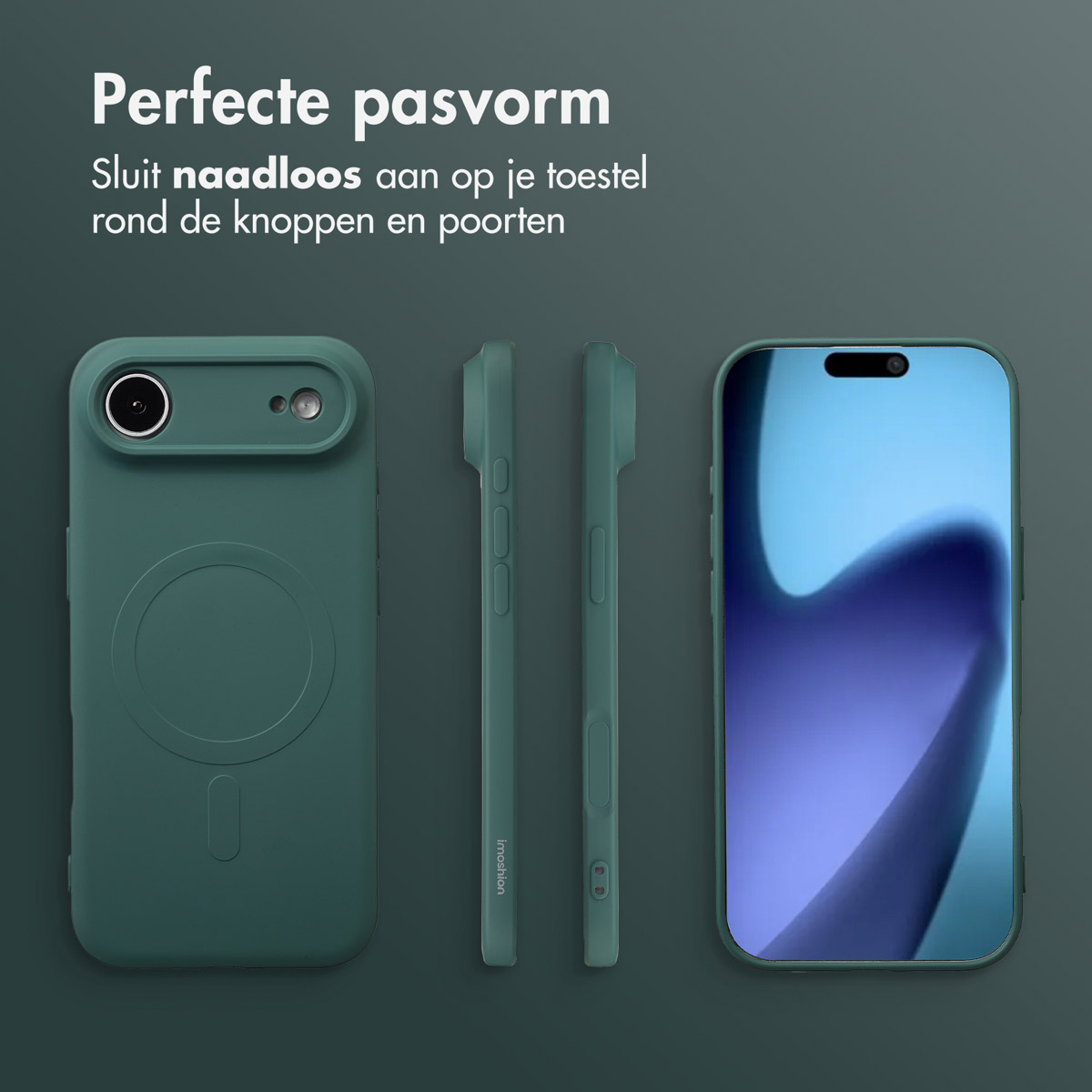 Une coque de téléphone verte, deux côtés et un écran de téléphone sur fond gris foncé, montrant un ajustement parfait.