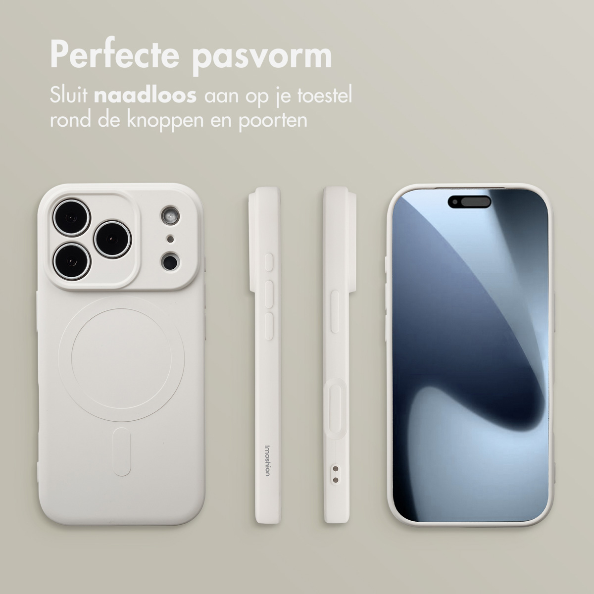 Coque de téléphone blanche et protecteur d'écran. Le texte indique 'Ajustement parfait'. La coque a une découpe caméra et un cercle magnétique.