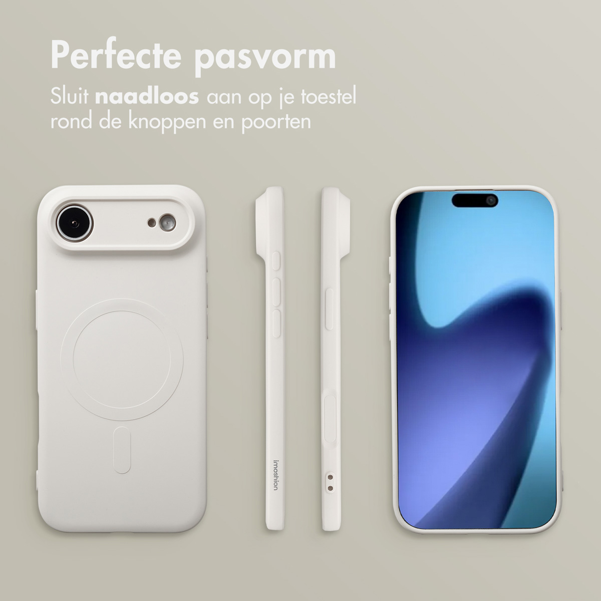 Coque de téléphone blanche et téléphone pour montrer l'ajustement parfait. Montrant différents angles du produit, y compris le côté et l'arrière.