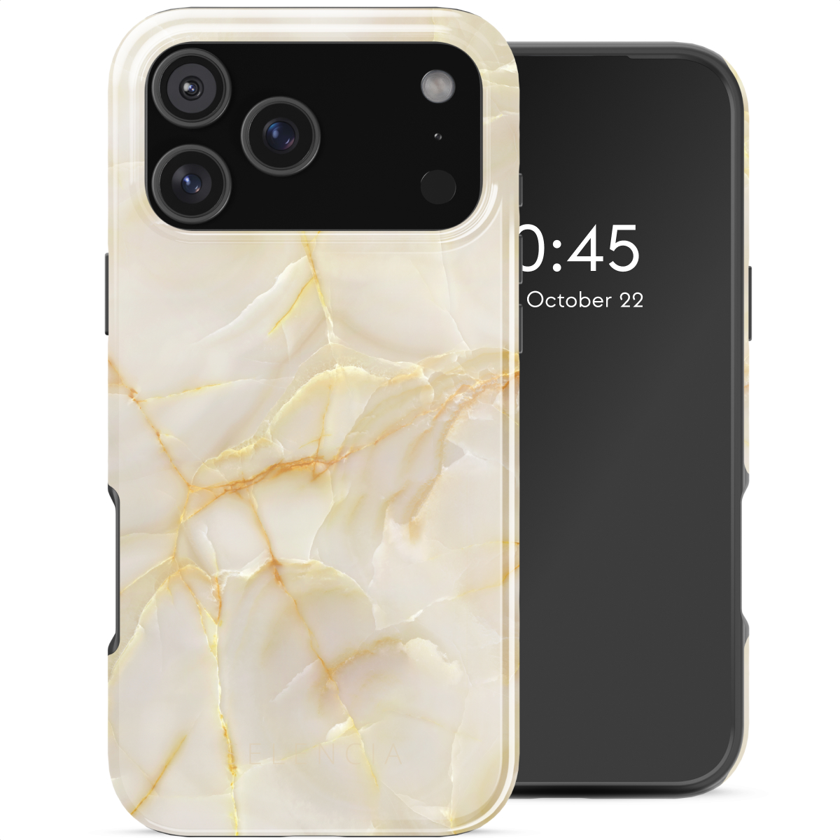 Een telefoon met een marmerpatroon hoesje. De telefoon toont tijd en datum. De hoes heeft een lichtbeige en gouden marmerontwerp.