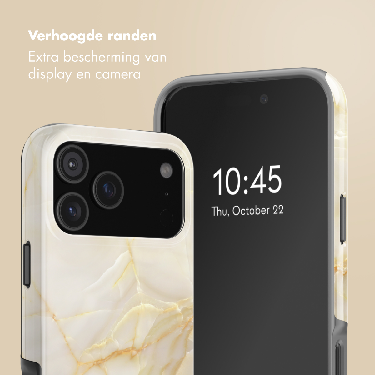 Twee smartphones met beschermhoesjes. Eén toont 10:45. Hoesjes zijn wit met marmerpatroon en zwarte randen.