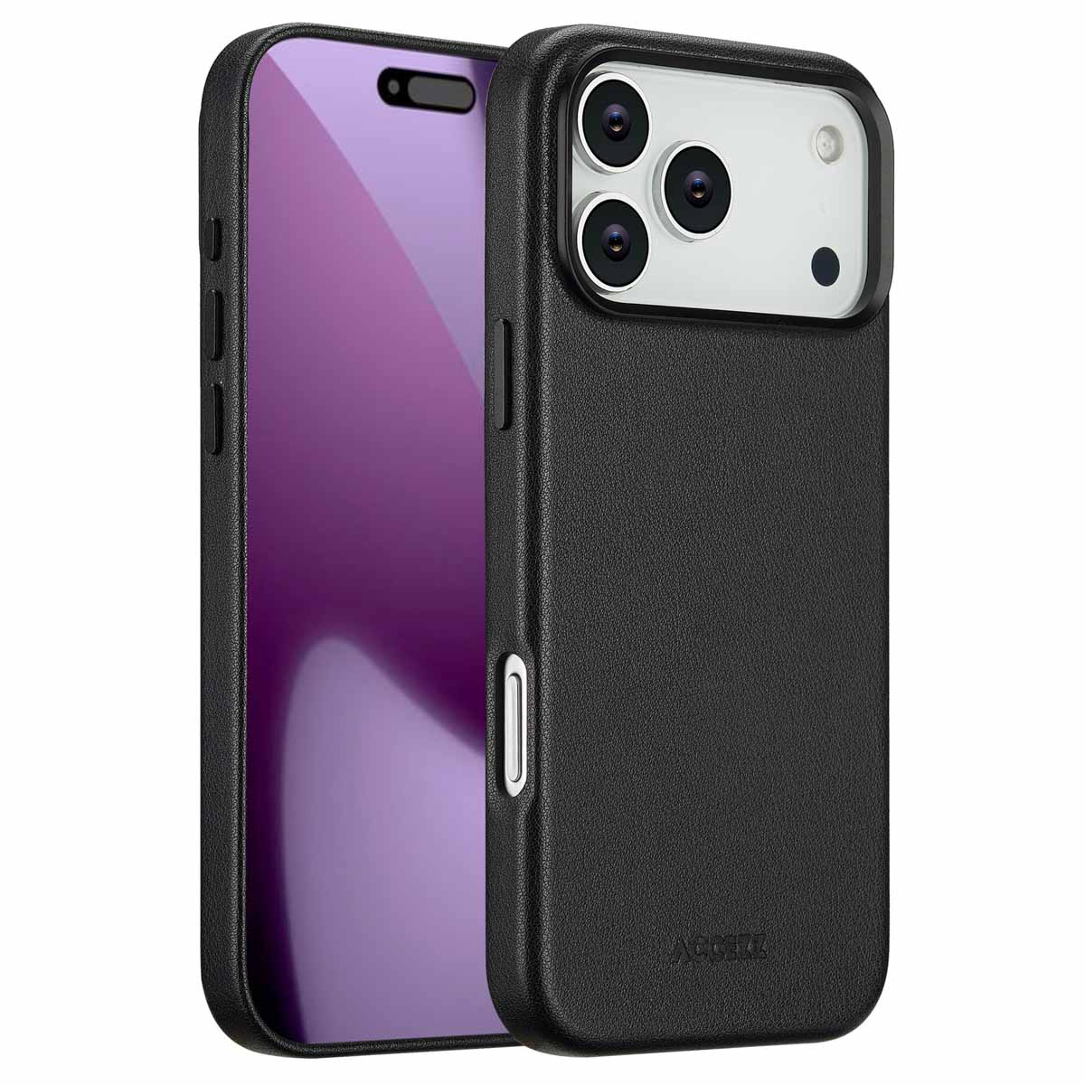Deux coques de téléphone noires, une avec un écran violet. La coque de droite a des découpes pour l'appareil photo et le nom de la marque.