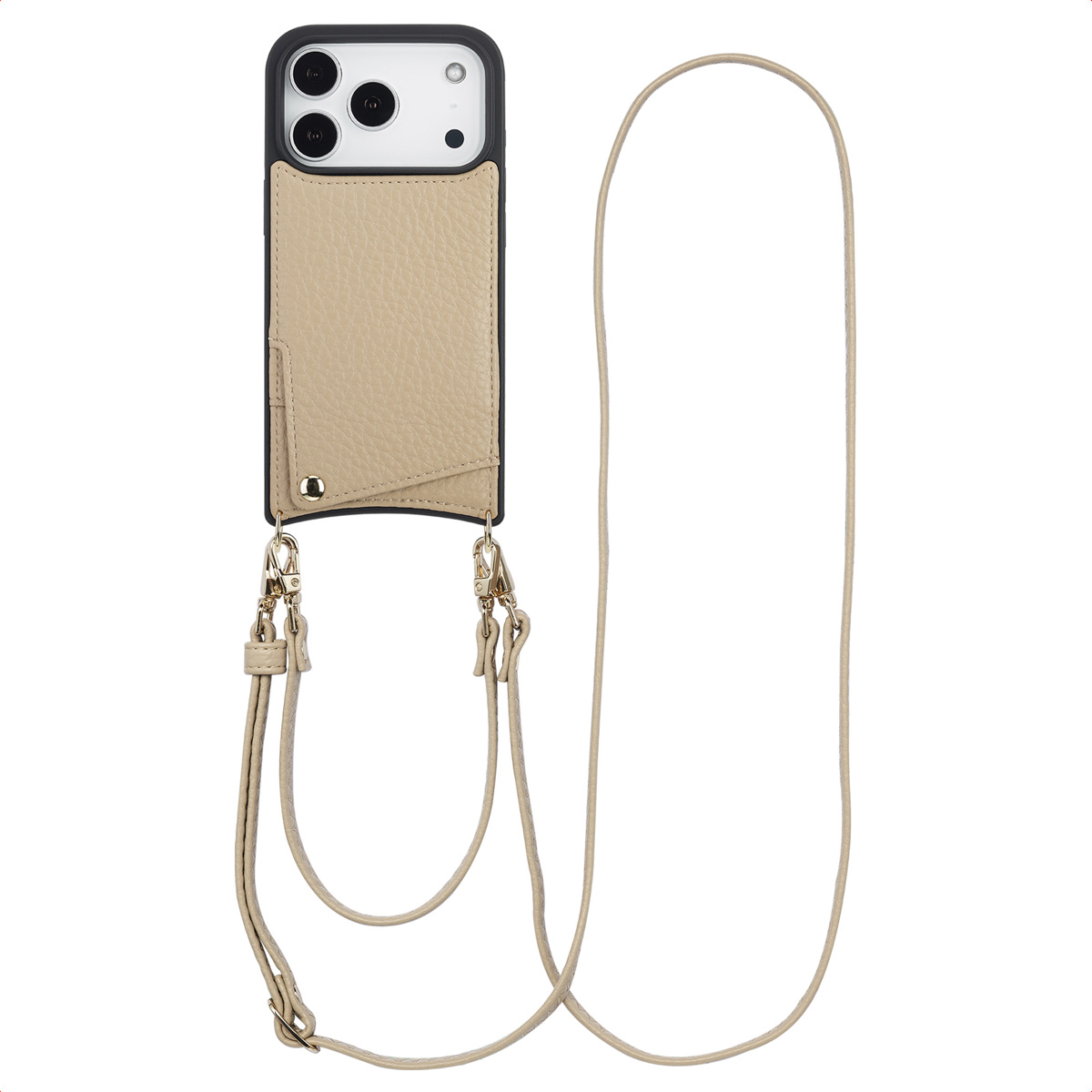 Een beige telefoonhoesje met een bandje. De hoes heeft een kaarthouder en een bandje met metalen sluitingen. De achtergrond is wit.