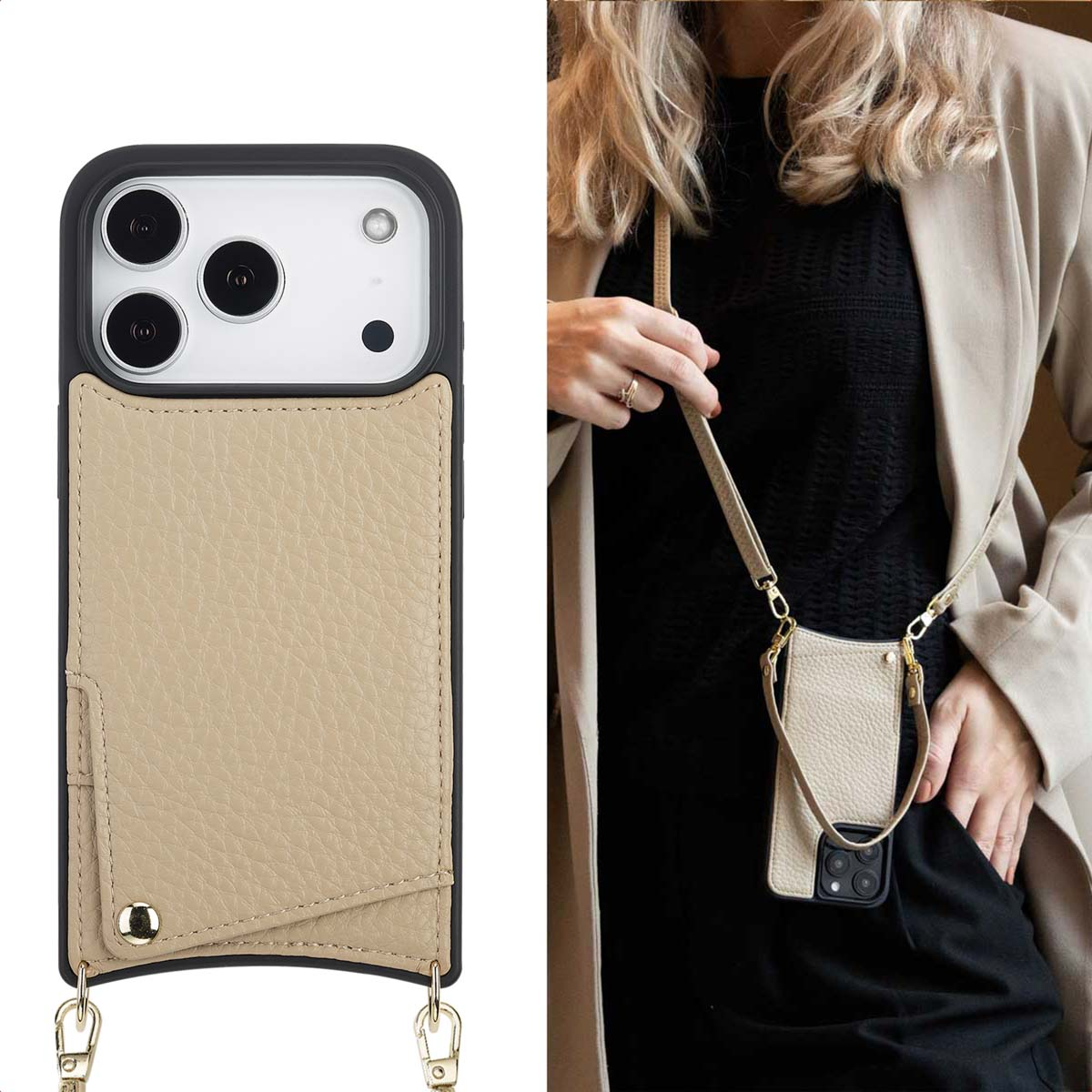 Een vrouw houdt een telefoonhoesje met een riem vast. De hoes is beige leer, met een zwarte rand. De vrouw draagt een zwarte top en een beige jas.