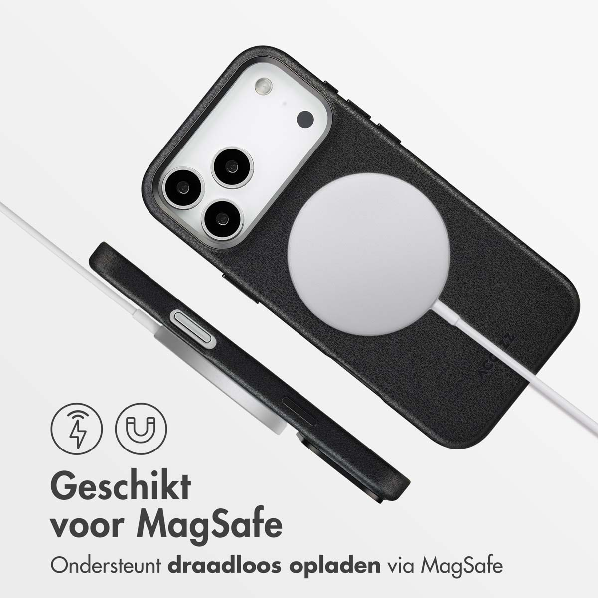 Un téléphone noir avec un chargeur MagSafe blanc. Le texte indique 'Convient pour MagSafe' et la recharge sans fil est prise en charge.