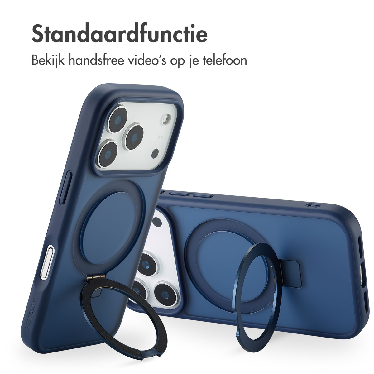 Zwei blaue Handyhüllen mit Ringhaltern. Eine steht aufrecht, die andere liegt flach. Der Text lautet: 'Standardfunktion' und 'Videos freihändig ansehen'.