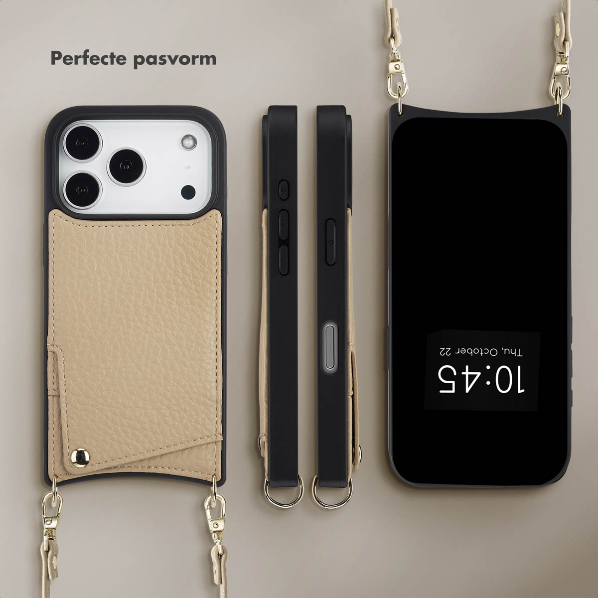 Drie telefoonhoesjes met bandjes, één met scherm waarop de tijd staat. Hoesjes zijn zwart en beige met gouden accenten. Achtergrond is beige.