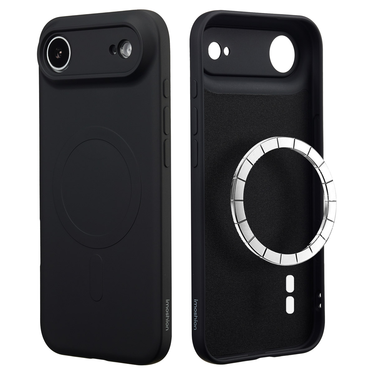 Deux coques de téléphone noires, une avec découpe pour caméra et anneau magnétique. L'autre a un anneau magnétique et un rembourrage intérieur.