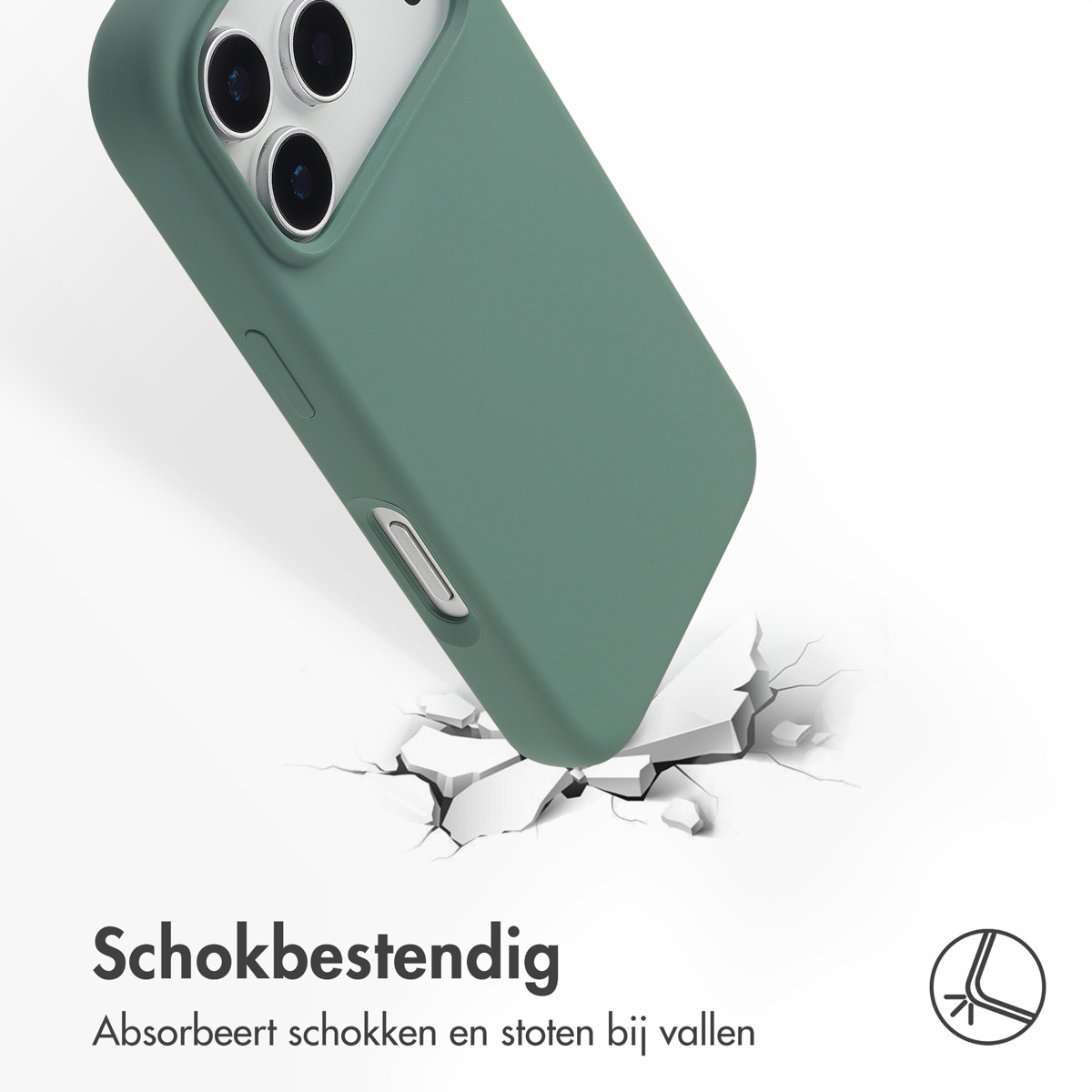 Een groene telefoonhoes lijkt de grond te breken. Tekst: Schokbestendig. Absorbeert schokken en stoten bij impact.