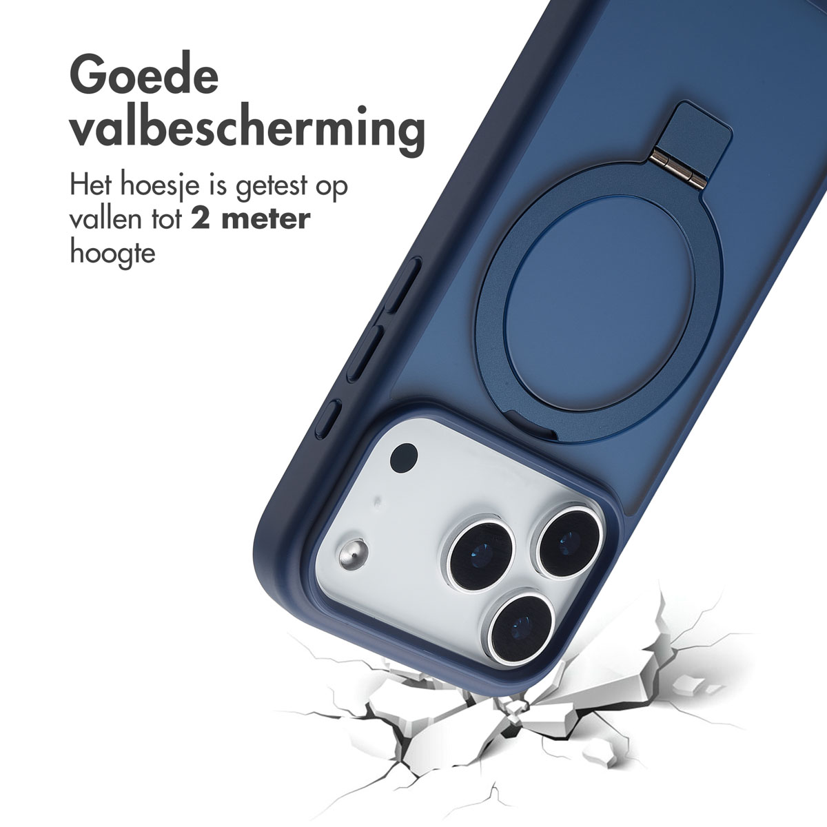 Eine blaue Handyhülle mit Ringhalter ist abgebildet. Die Hülle befindet sich auf weißem Grund mit Rissen, was Stoßschutz impliziert.