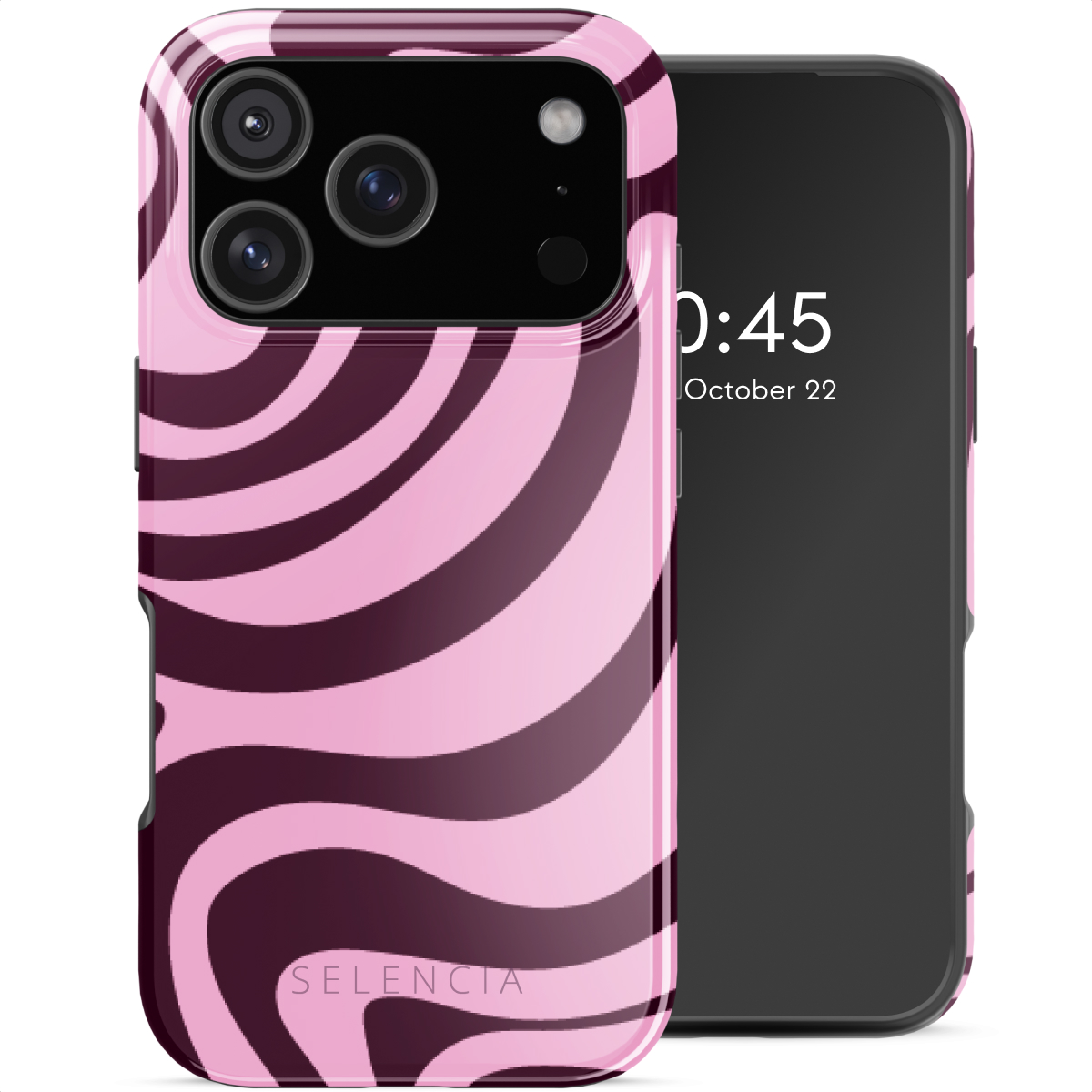 Een telefoon met een roze en donkerpaarse swirlhoes. Het scherm toont de tijd 0:45 en de datum 22 oktober.