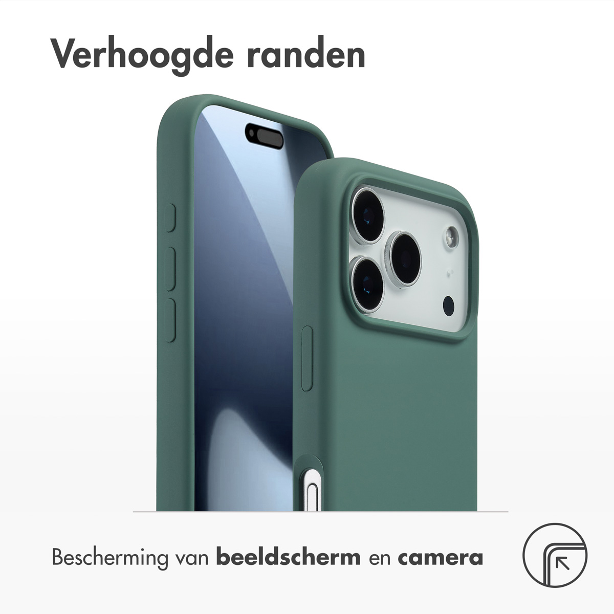 Twee groene telefoonhoesjes, één met scherm, tonen camera- en schermbescherming. Boven: 'Verhoogde randen'.