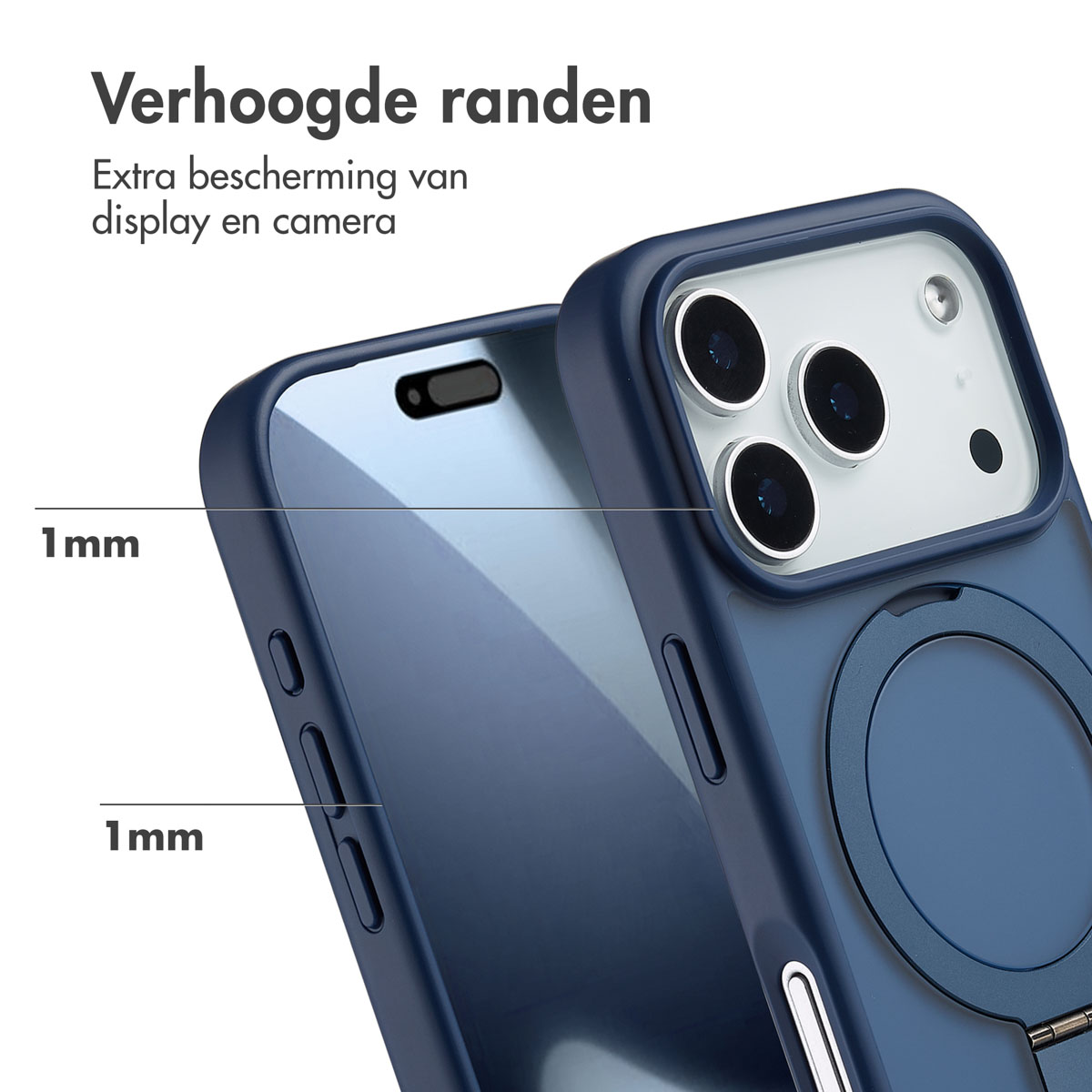 Nahaufnahme einer blauen Handyhülle mit erhöhten Rändern zum Schutz von Display und Kamera.