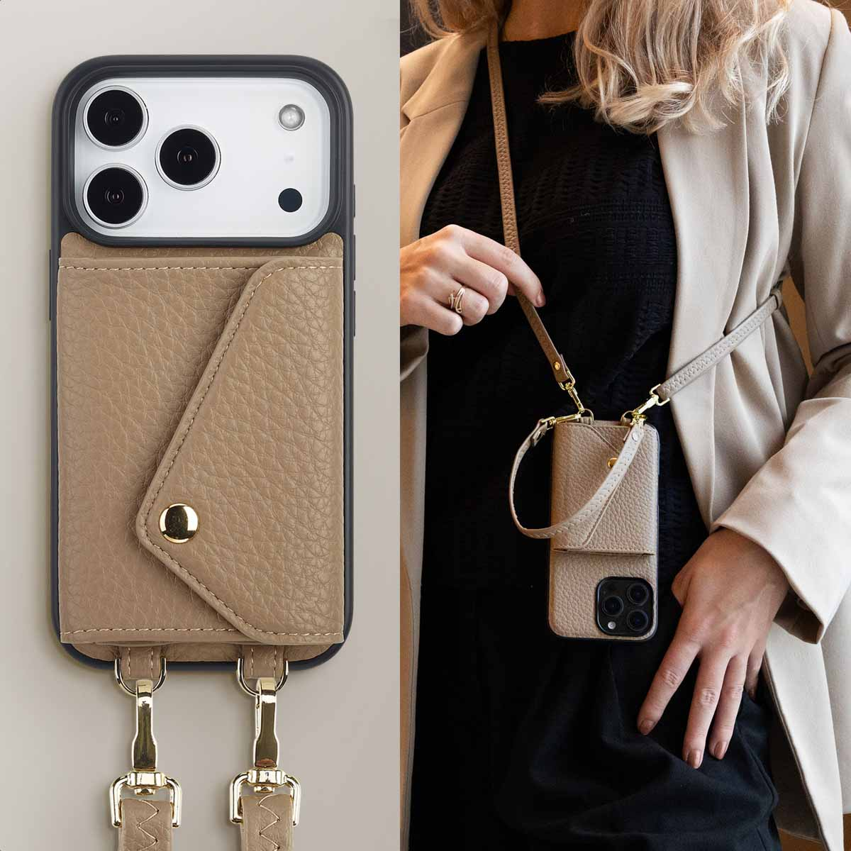 Een vrouw houdt een telefoon vast met een lichtbruine leren hoes en riem. De hoes heeft een kaarthouder. De vrouw draagt een blazer en een zwarte top.