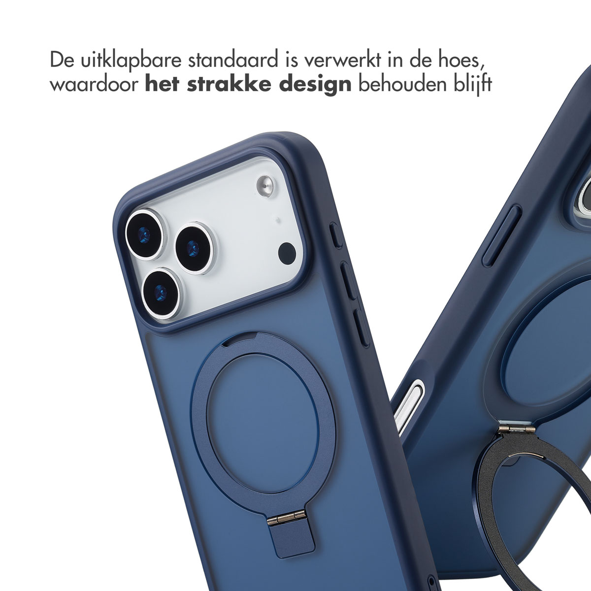 Zwei blaue Handyhüllen. Eine zeigt die Kamera und den Ringständer. Die andere ist abgewinkelt, um das Design zu zeigen.