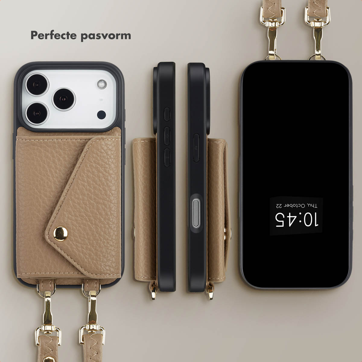 Drie telefoonhoesjes met leren etuis. Eén toont het scherm met de tijd. De hoesjes zijn zwart en bruin.