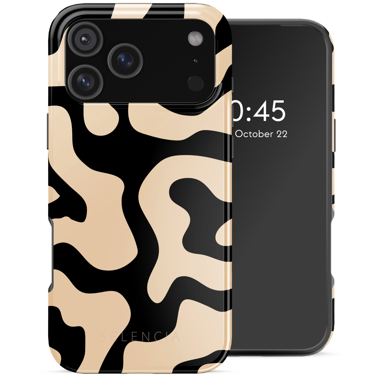 Een telefoon met een zwart-beige patroonhoesje. Het scherm toont 0:45, 22 oktober. De cameralenzen zijn zichtbaar.