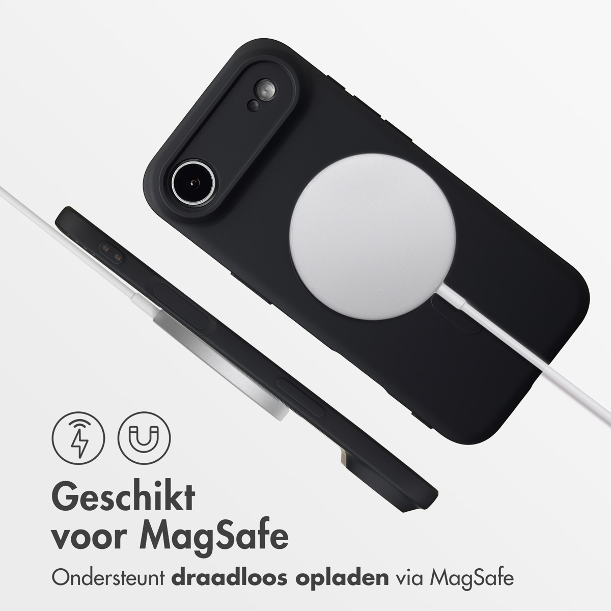 Un étui de téléphone noir avec un chargeur MagSafe blanc, avec du texte indiquant la compatibilité MagSafe et la prise en charge de la charge sans fil.