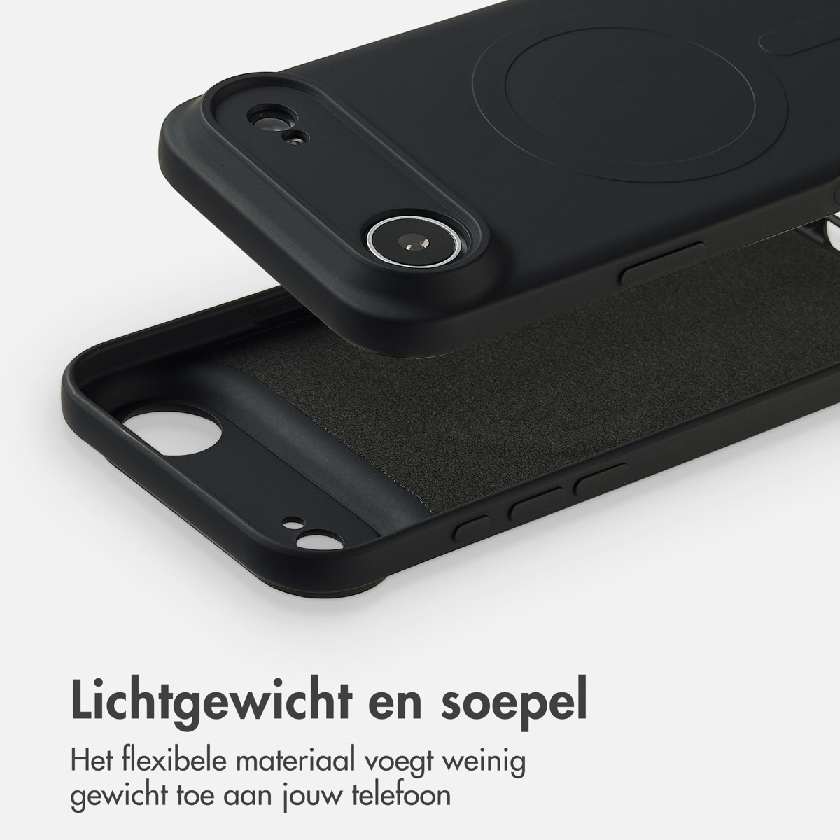 Coque de téléphone noire, ouverte. La partie supérieure montre l'appareil photo et un design circulaire. Le bas est texturé sombre.