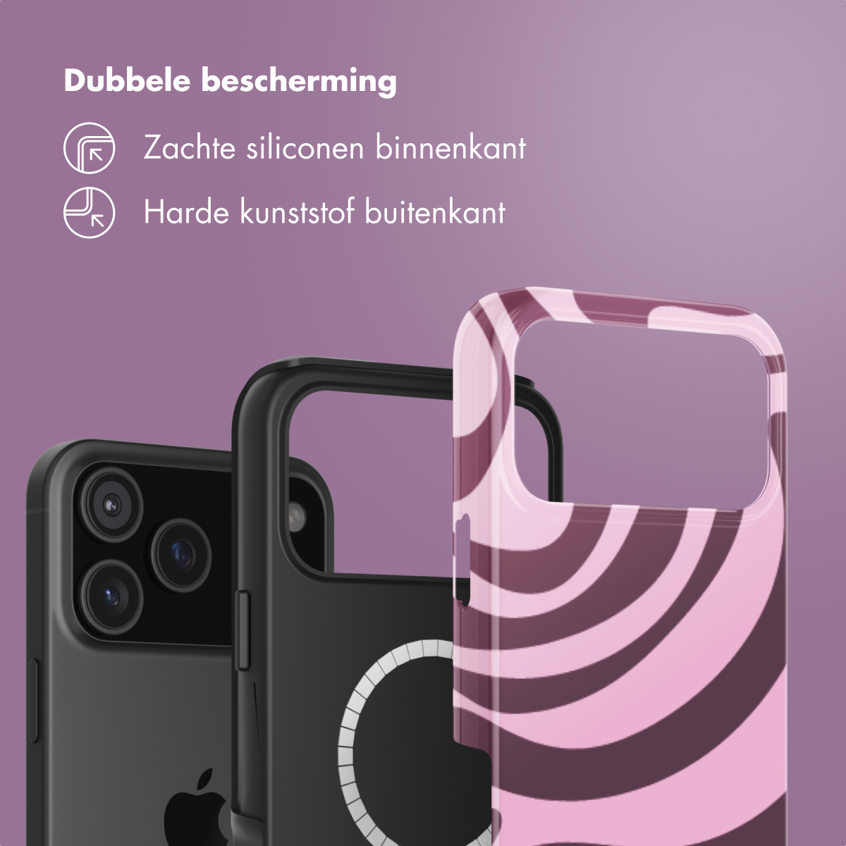 Drie telefoonhoesjes met verschillende ontwerpen. Eén zwarte, één met een roze en wit patroon en één zwarte met een witte cirkel.