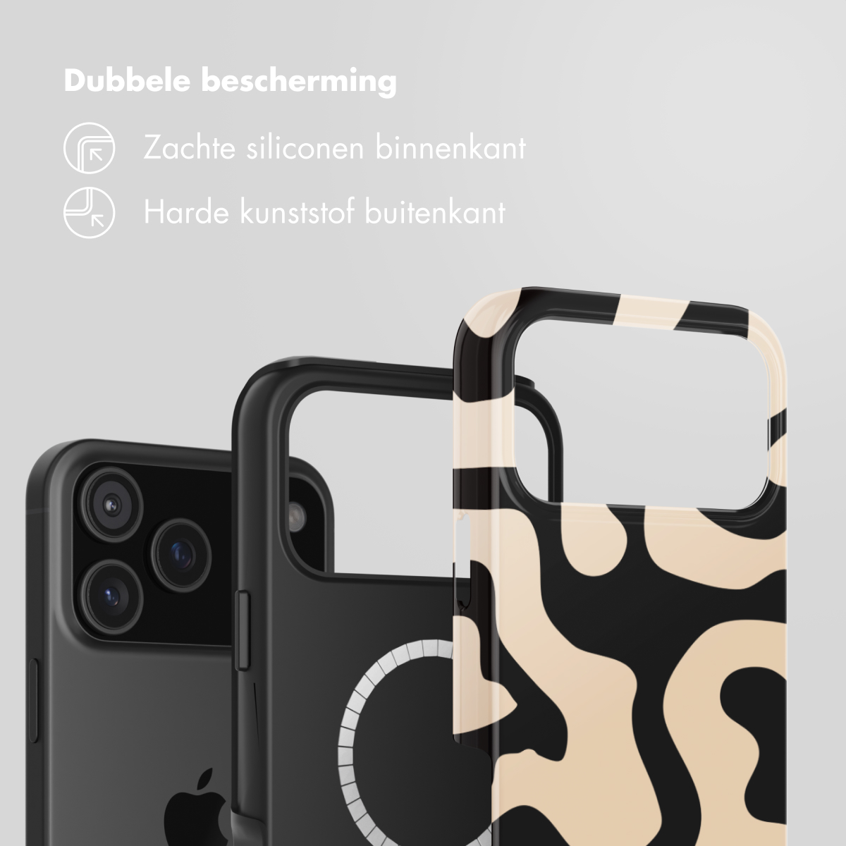 Drie telefoonhoesjes: zwart, zwart met witte cirkel en patroon crème en zwart. Tekst: Dubbele bescherming, zachte siliconen binnenkant, hard plastic buitenkant.