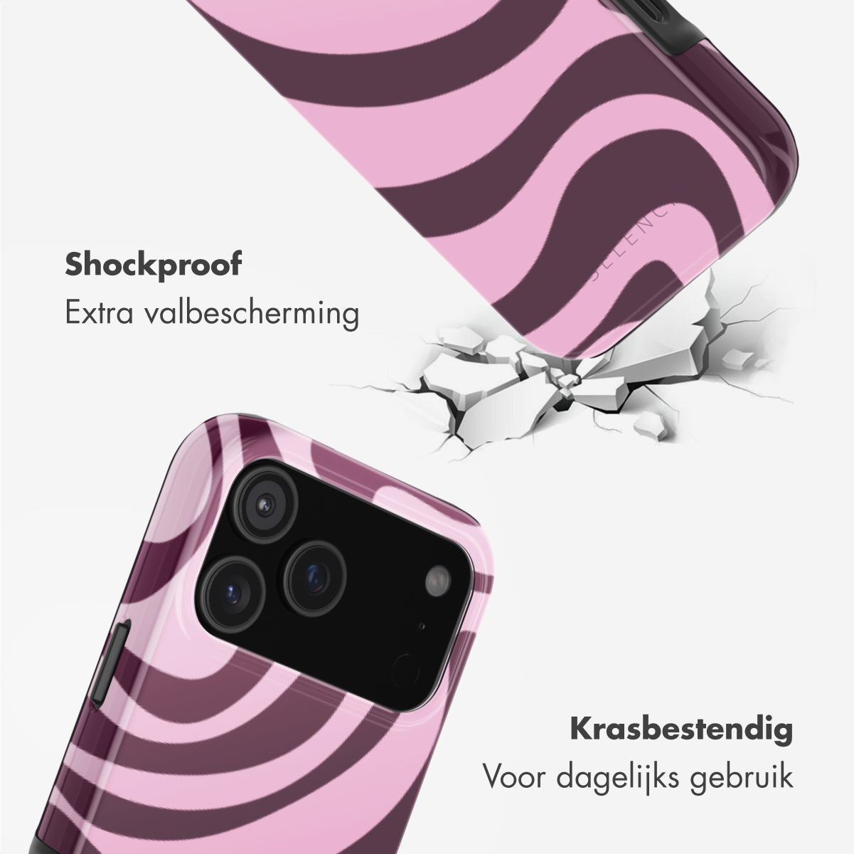Twee telefoonhoesjes met roze en donkerpaarse golfpatronen. Eén valt en breekt een oppervlak, met het label 'Schokbestendig'.