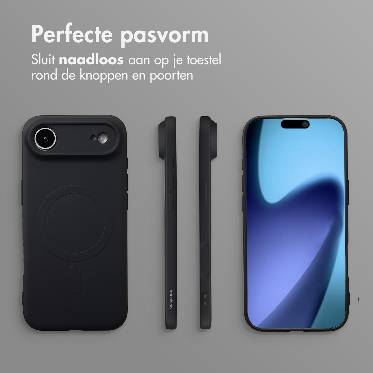 Coque de téléphone noire et téléphone sur fond gris. L'étui est présenté sous différents angles. Le texte dit 'Ajustement parfait'.