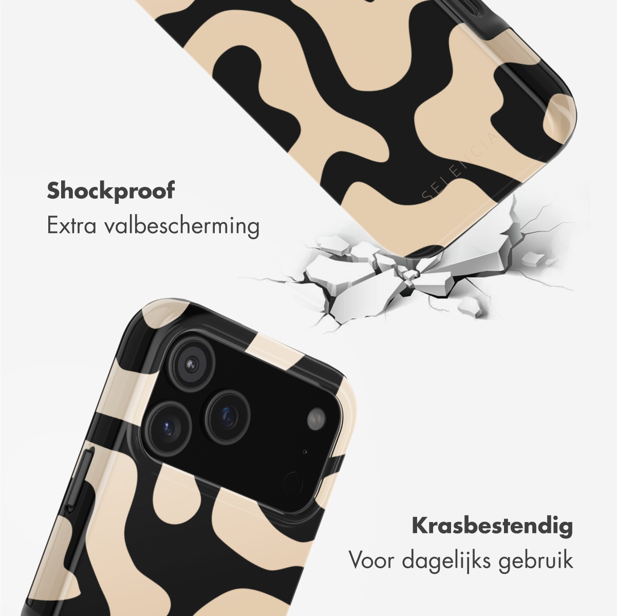 Telefoonhoesjes met beige en zwart abstract patroon. Eén hoesje breekt de grond en toont zijn schokbestendige eigenschap.