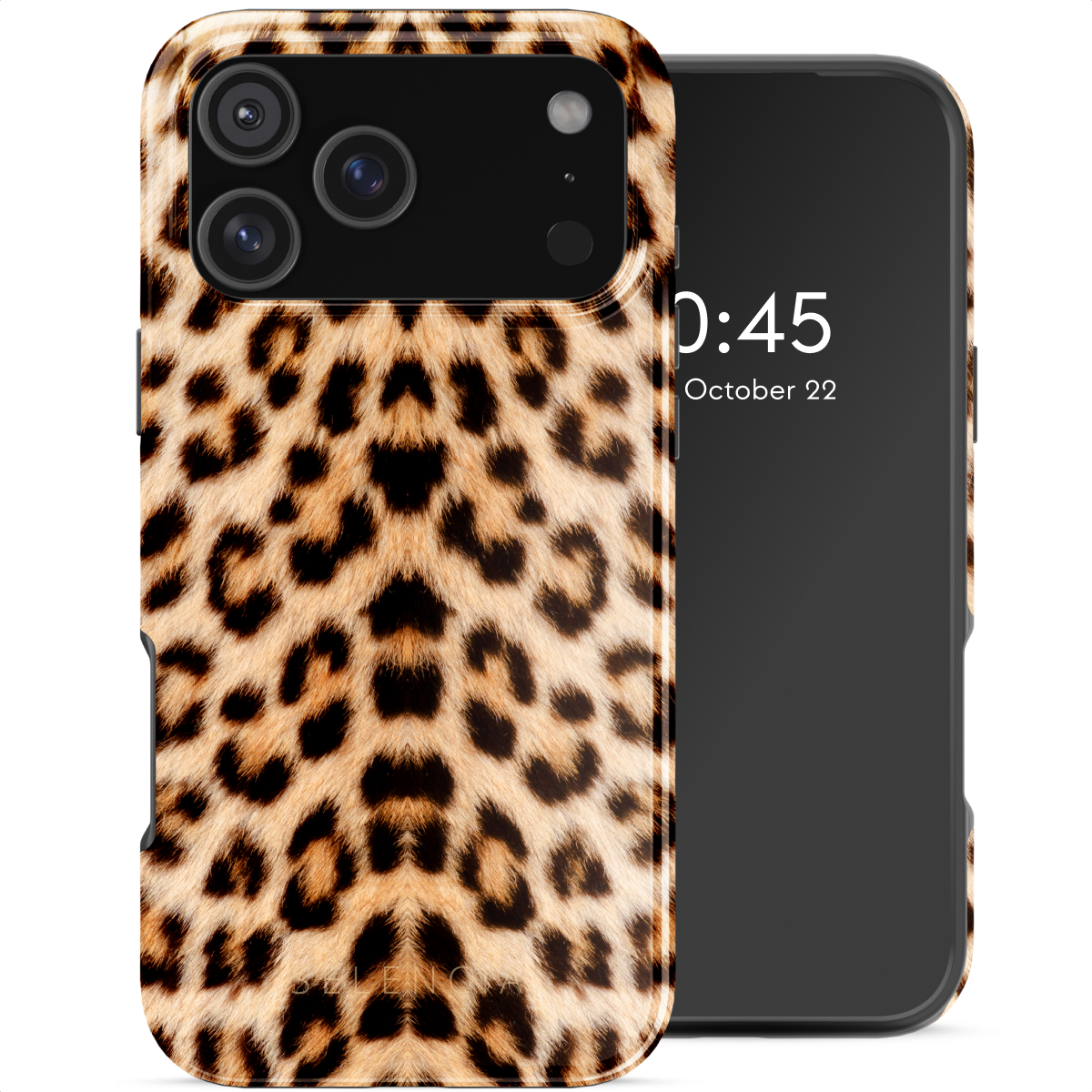 Een smartphone met een luipaardprint hoesje. Het scherm toont de tijd 0:45 en de datum 22 oktober. De hoes heeft drie camera's.
