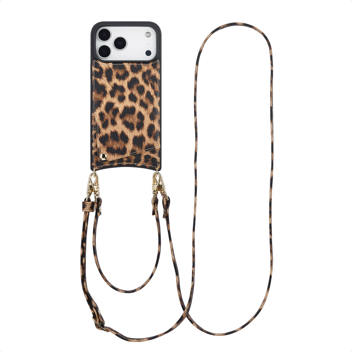 Een smartphonehoesje met luipaardprint, inclusief een riem, wordt weergegeven tegen een witte achtergrond, waarbij het product wordt benadrukt.