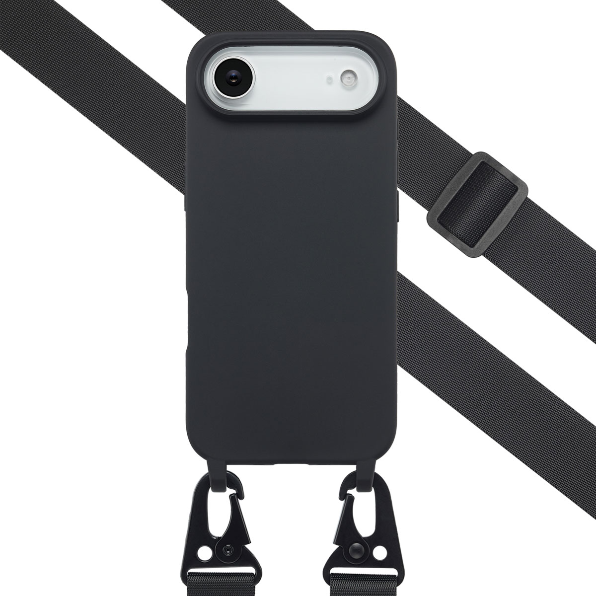 Custodia nera per telefono con cinturino. La custodia ha un obiettivo e un cinturino nero con clip. Lo sfondo è bianco.