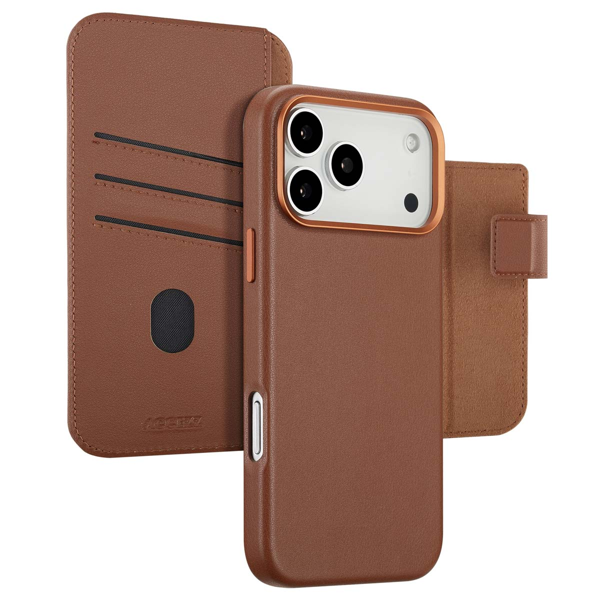 Bruine leren telefoonhoes met kaartsleuven en een bronzen camerakader. De hoes is open en toont een telefoon met meerdere lenzen.