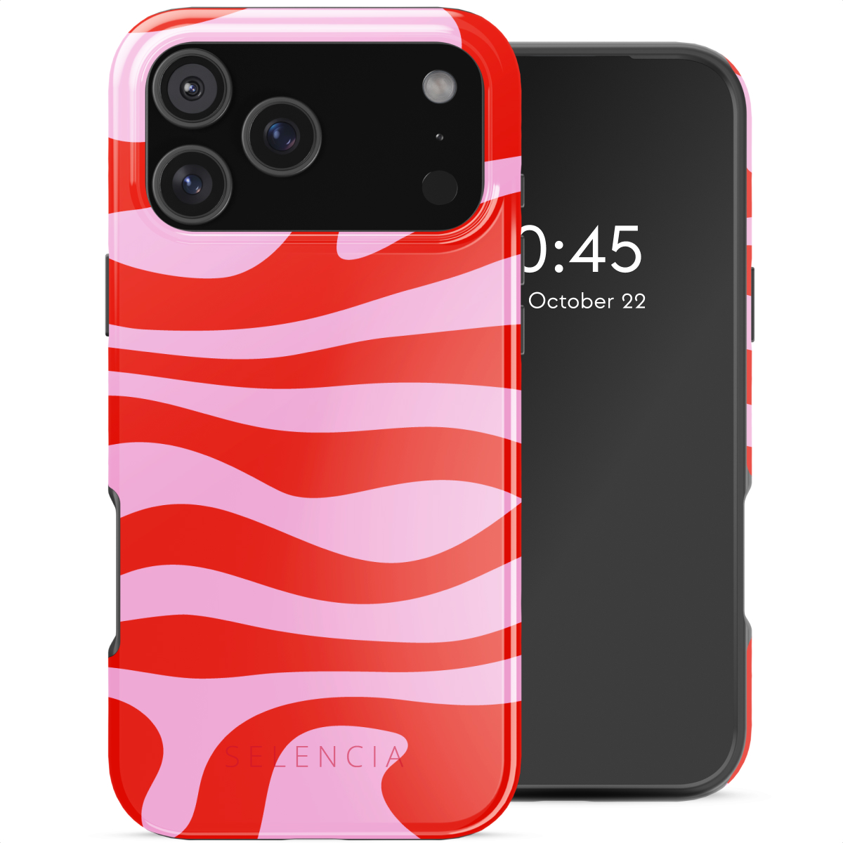 Een smartphone in een rode en roze golvende patroonhoes. De telefoon toont tijd en datum. De hoes heeft het woord 'SELENCIA'.