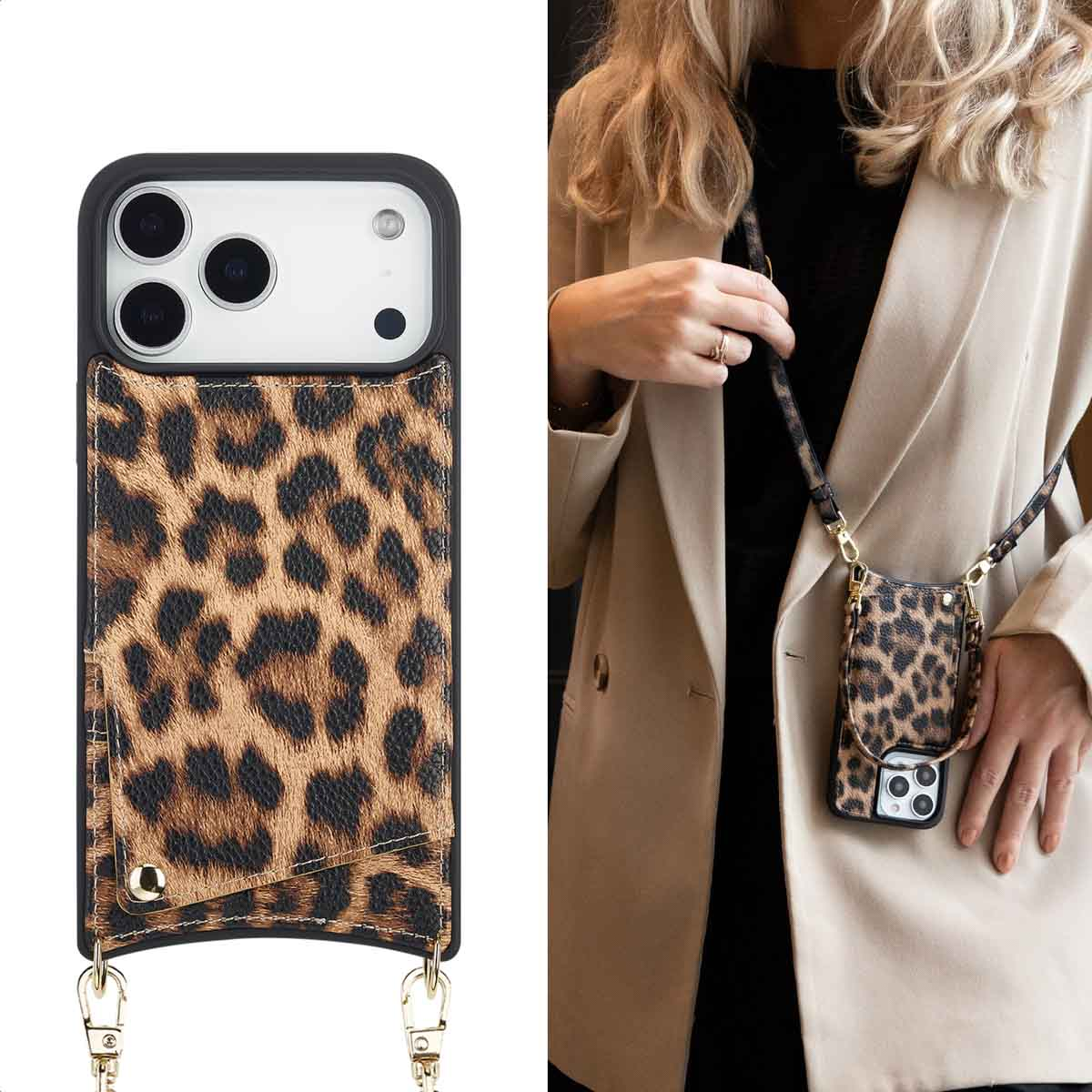 Een vrouw houdt een telefoon vast met een hoesje en riem met luipaardprint. Ze draagt een beige blazer en een zwarte top.