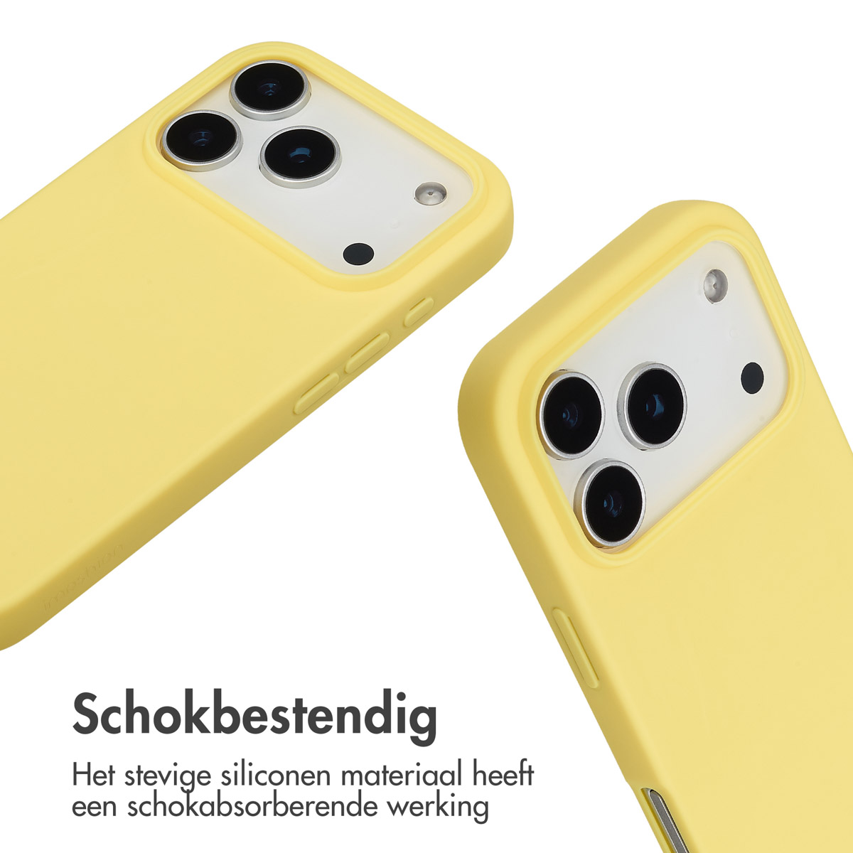 Zwei gelbe Handyhüllen mit Kameraausschnitten werden vor weißem Hintergrund gezeigt, um das Design und die Funktionen des Produkts zu präsentieren.