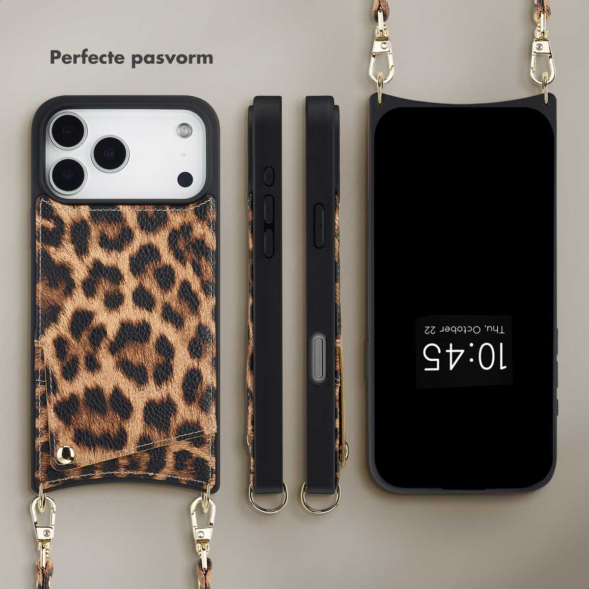 Een telefoonhoesje met een portemonnee met luipaardprint, een zwarte telefoonhoes met een riem en een zwarte telefoon die de tijd weergeeft.