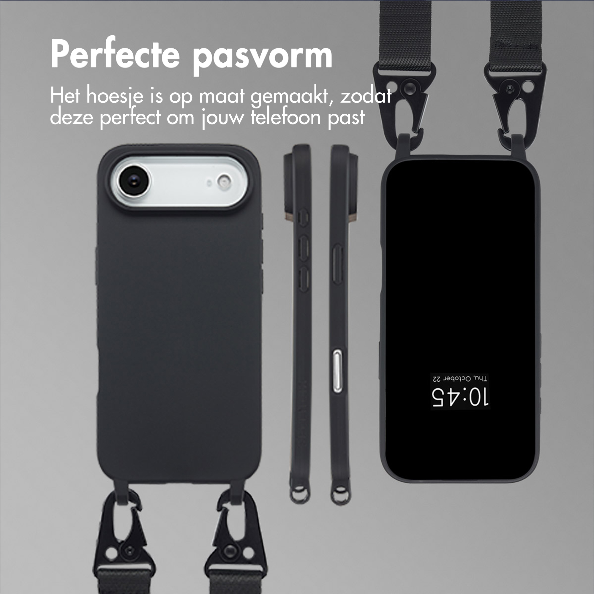L'immagine mostra custodie per telefoni con cinghie. Il testo dice vestibilità perfetta. Custodie nere con uno schermo del telefono che mostra l'ora.