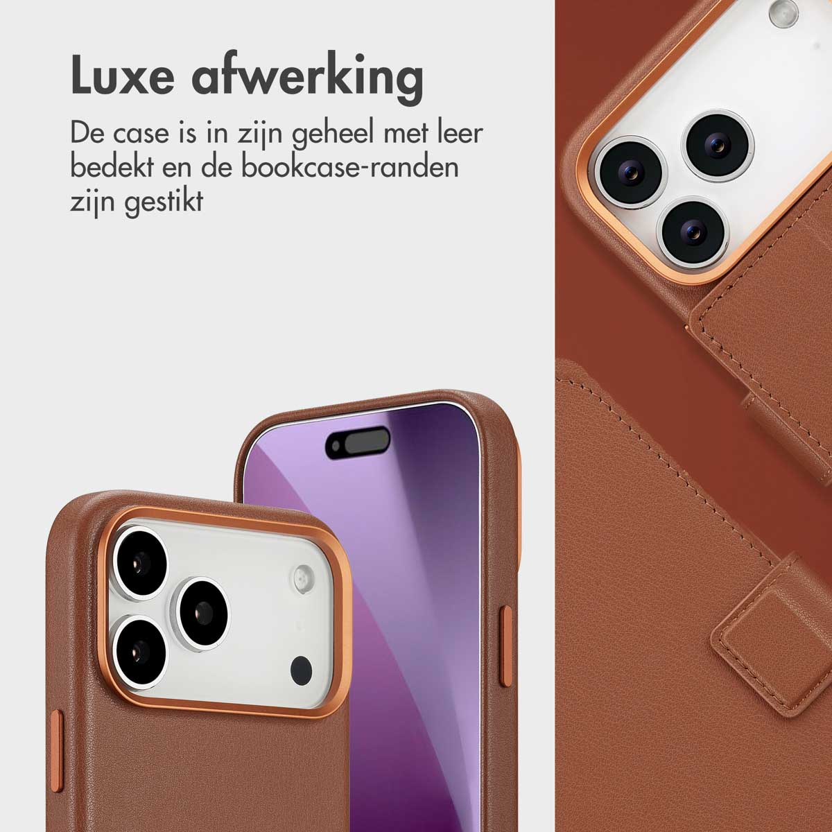 Close-up van bruine lederen telefoonhoesjes. Eén hoesje toont de camera en het scherm van de telefoon. De hoesjes zijn gestikt en hebben een gouden frame.